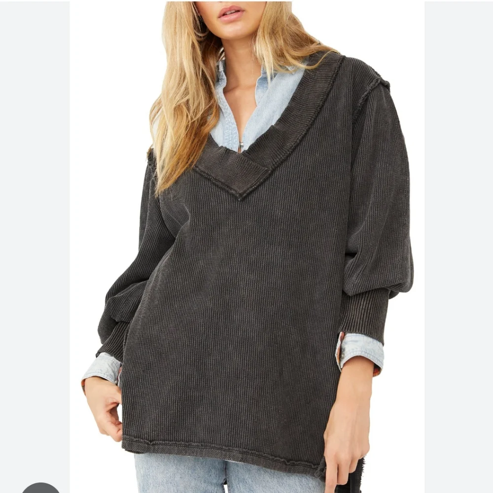 Free People Asher Thermal Knit Vneck Top Black NWT - Picture 13 of 13